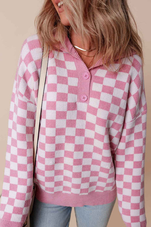 Pink Checkered Buttons Collar V Neck Drop Shoulder Sweater Pink 50%Viscose+28%Polyester+22%Polyamide 439c812d5a7215f5