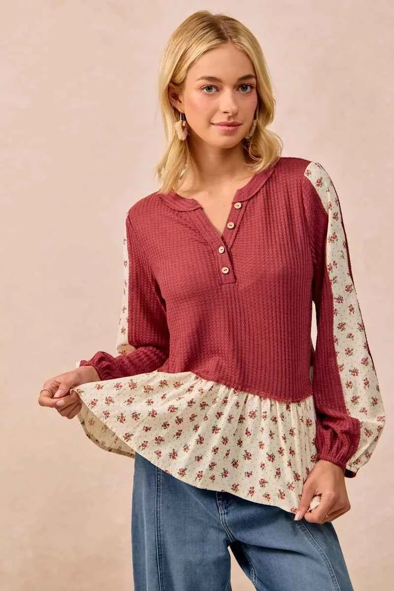BiBi Waffle with Floral Woven Combo Top MARSALA 439e262660dd4ca18302e1a057a9c88a-Max-Origin