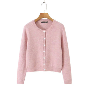 Round-Neck Button-Up Knit Cardigan Pink 43CEC77DCB7770AC9D28500FFCAE451A