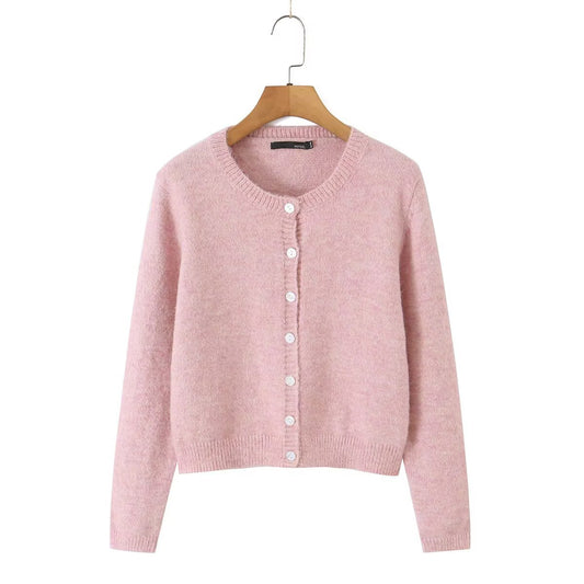 Round-Neck Button-Up Knit Cardigan