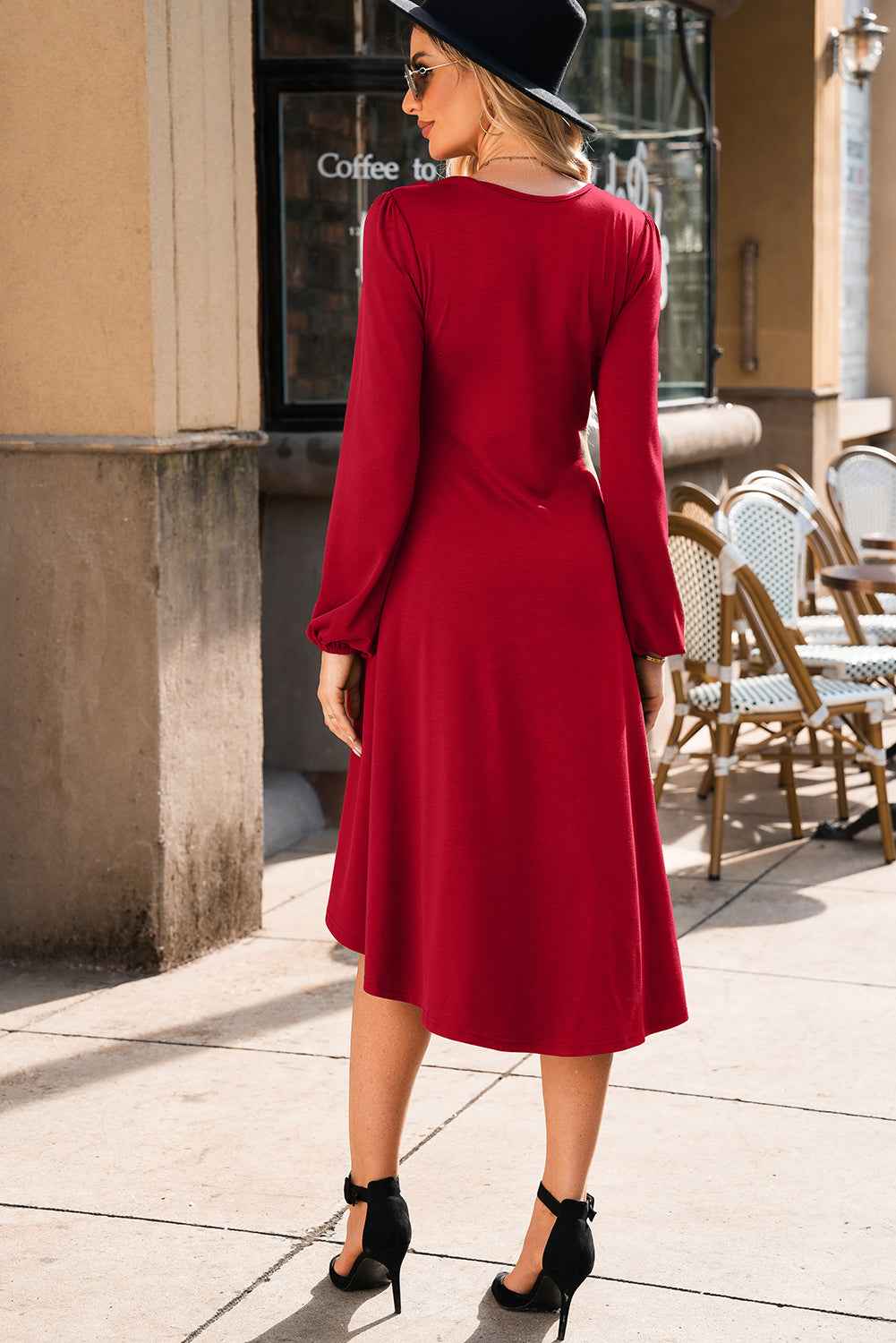 Fiery Red Solid Color Ruched Detail Long Sleeve Midi Dress 43a8a58e2290cbcb