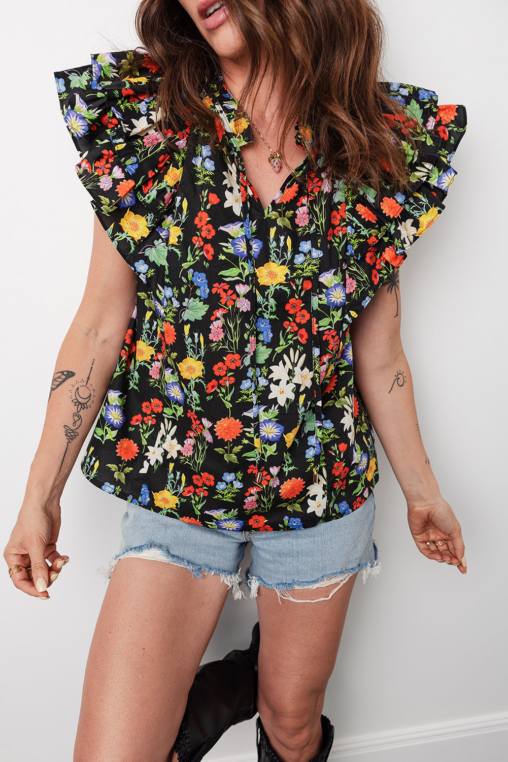 Black Tiered Flutter Sleeve V Neck Flower Blouse 43aaa50ab48223c2
