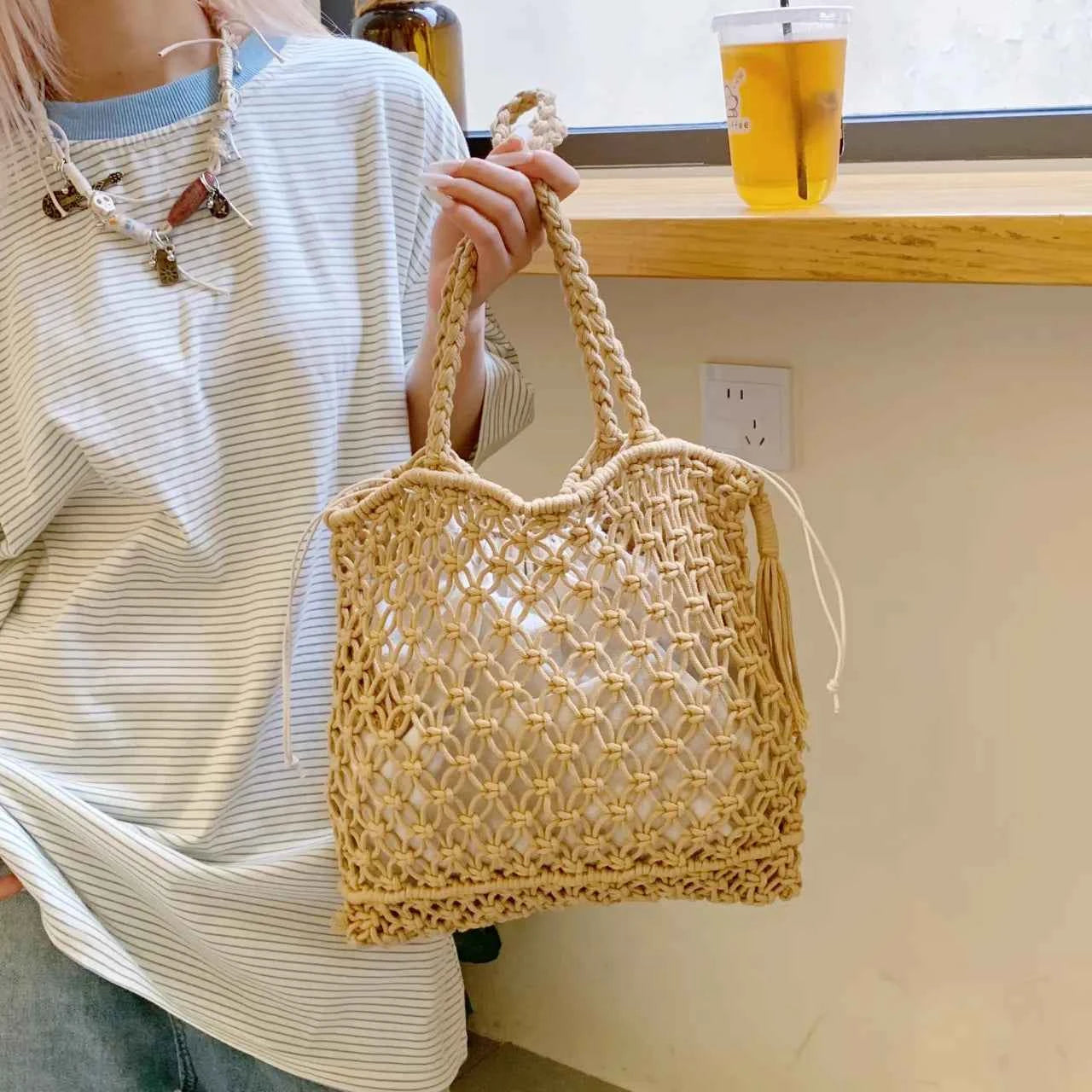 Lightweight Tassel Woven Handbag Camel onesize 43aea8c8869b4dc5b0f4e3622acf834d-Max-Origin