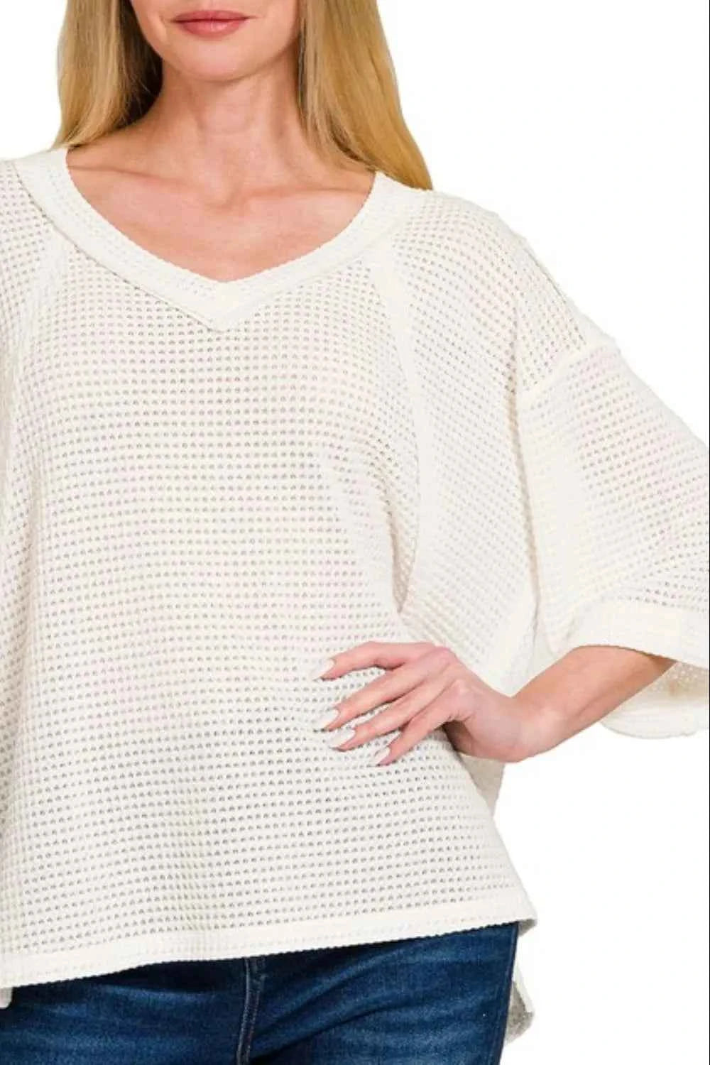 Zenana Brushed Waffle Exposed-seam 3/4 Sleeve Top 43b6d81f-f28a-4233-a9df-4bbf7d2a415f-Max-Origin