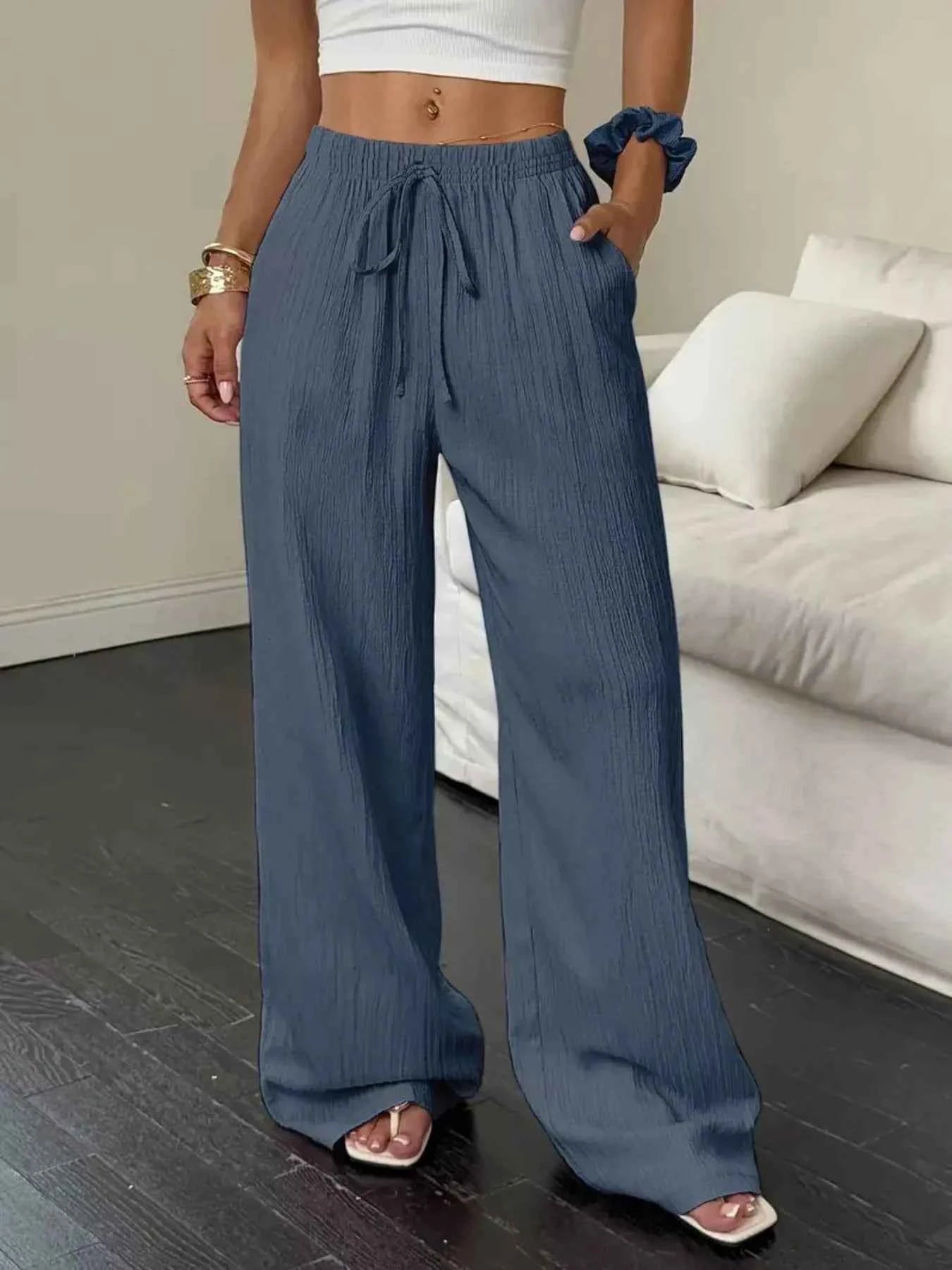 Wide Leg Pants with Drawstring Navy Blue 43bb943470a244dfb2d05d1dc513b996-Max-Origin