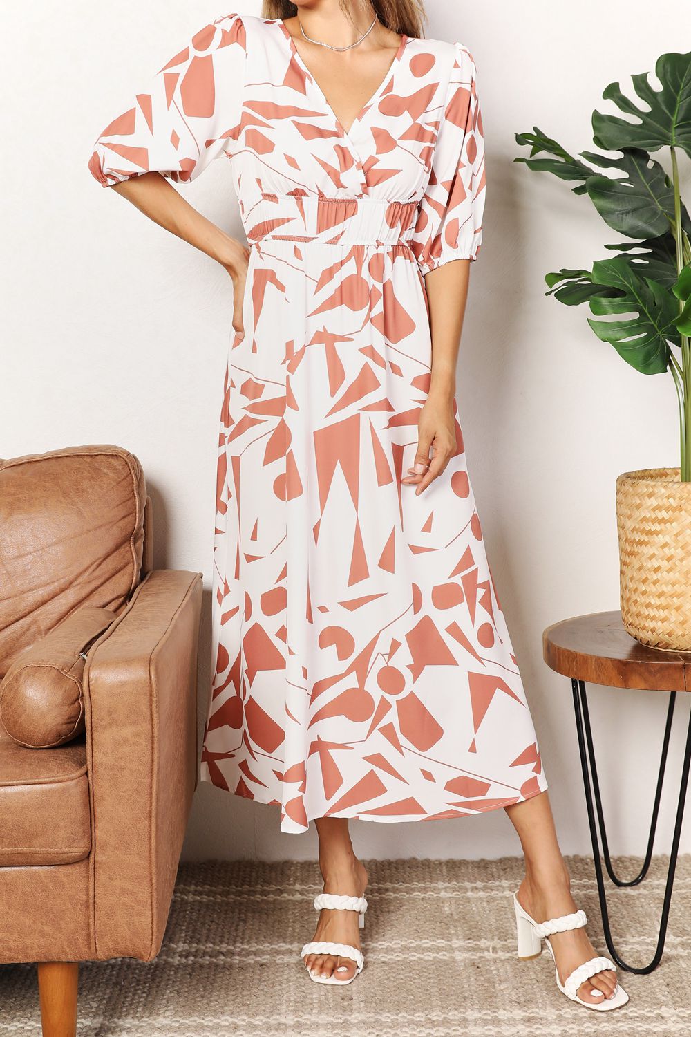 Printed Surplice Balloon Sleeve Dress Camel 43bc732a20184aaf8ad011dfdb22edfa-Max