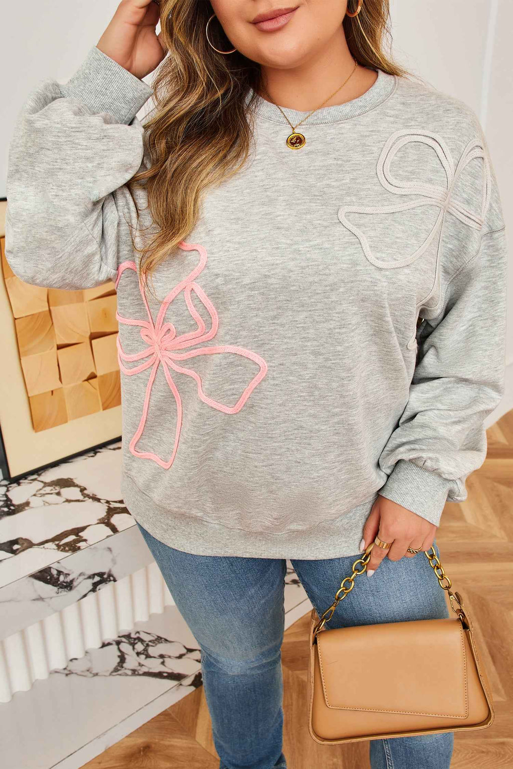 Light Grey Plus Size Thread Embroidered Drop Shoulder Round Neck Sweatshirt 43bcd0a12409c609