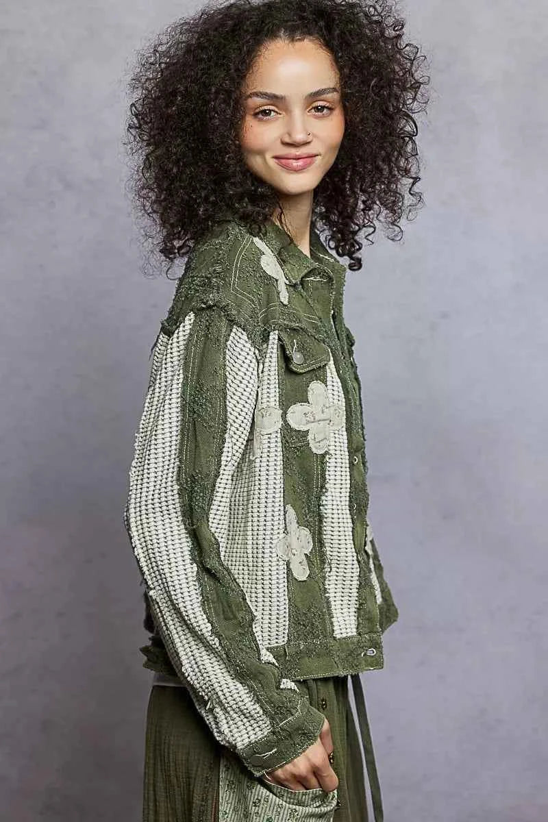 POL Button Down Raw Hem Jacket with Floral Patch 43bd2907-35e1-47ae-84fa-5908e7893880-Max-Origin