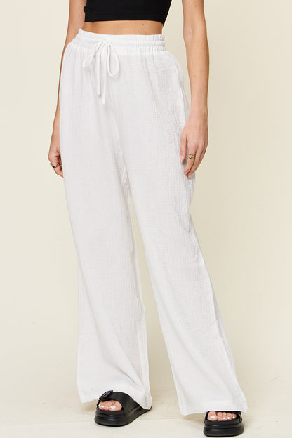 Double Take Full Size Texture Drawstring Wide Leg Pants