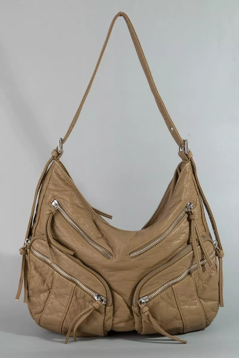 Fame Multi Zipper Pocket Leather Hobo Bag BR One Size 43bfa931-f631-49b6-b610-9d00f0f2b8c8-Max-Origin