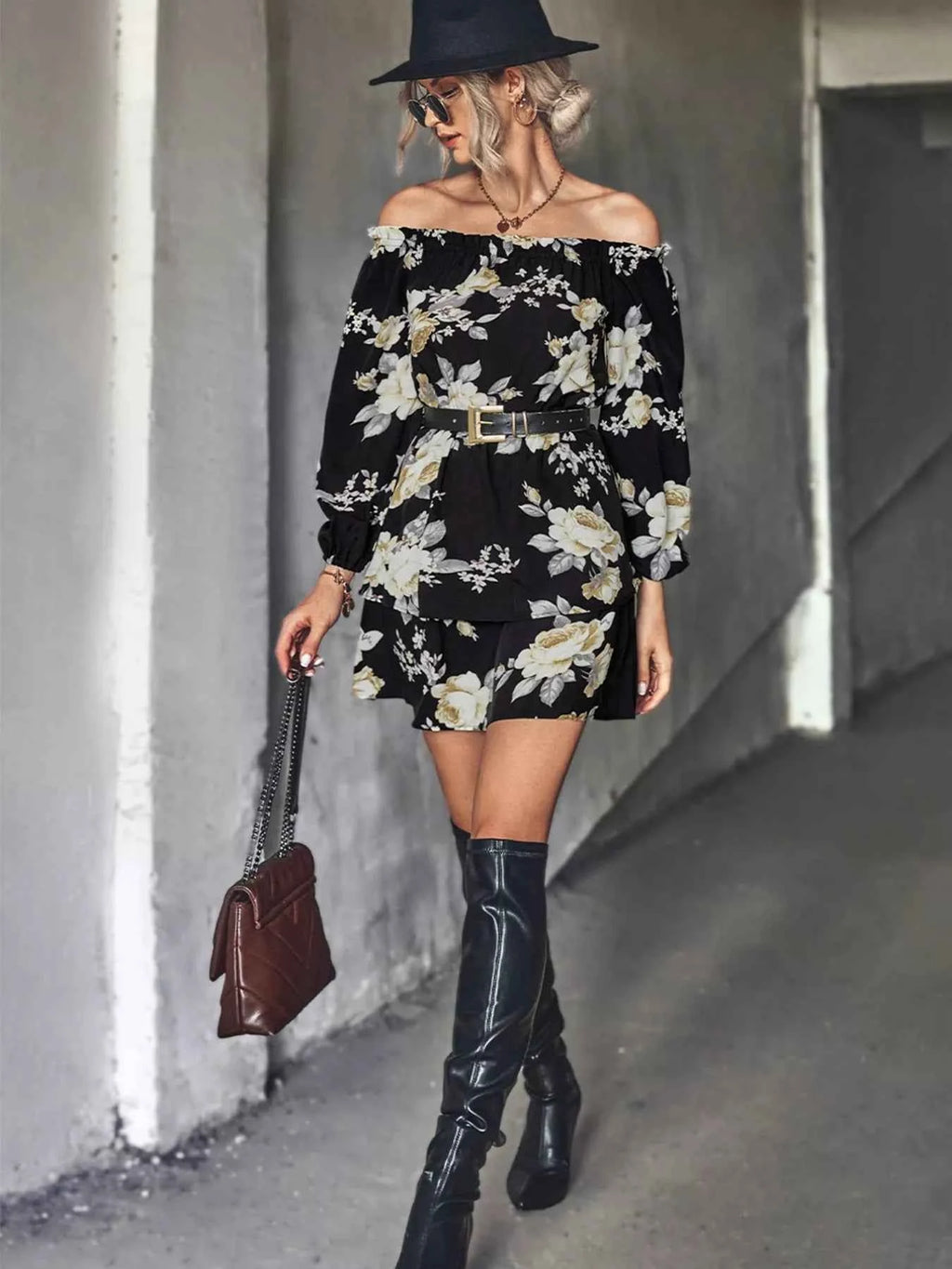 Off-Shoulder Floral Print Long Sleeve Mini Dress 43c086ac-b41e-4206-acd4-5994bed1a67a-Max-Origin