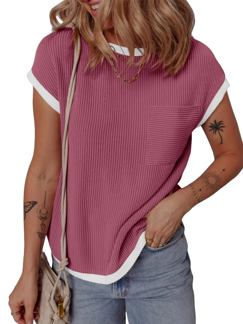 Contrast Trim Round Neck Short Sleeve T-Shirt 43c7c5a7-4c83-4410-8697-8a6477ba718a-Max