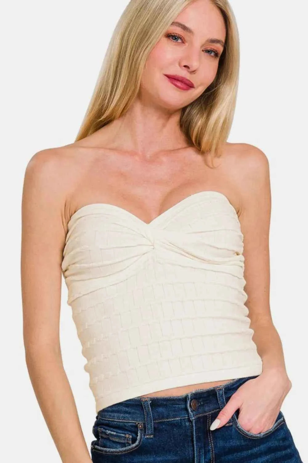 Zenana Ruched Twisted Sweetheart Neck Top Ivory 43c9b920-f214-42fa-92fa-91a25b4e372b-Max