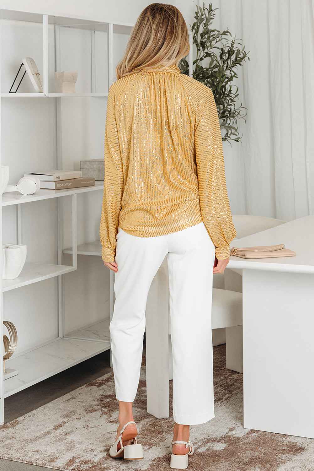 Gold Metallic Balloon Sleeve Buttoned High Neck Loose Blouse 43cbfbeb78177977