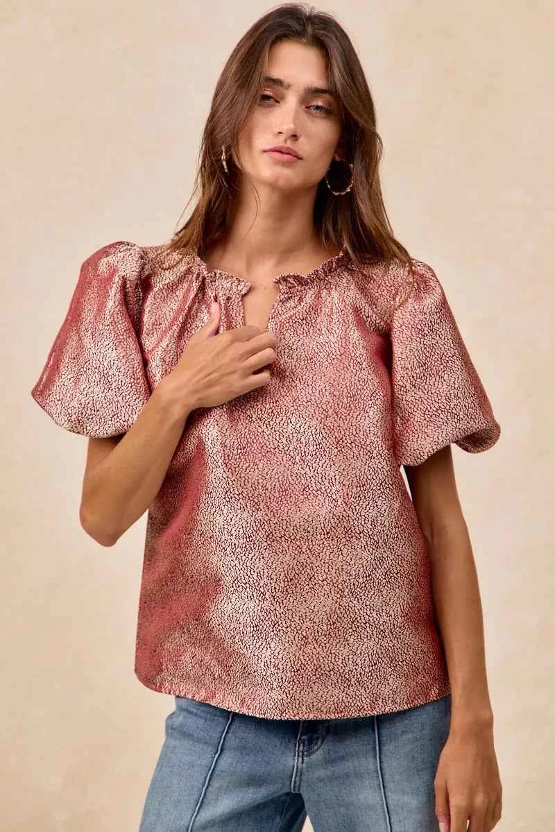BiBi Jacquard Woven Short Balloon Sleeves V Neck Top 43cfed5e96b042e8b98a265b377806ee-Max-Origin