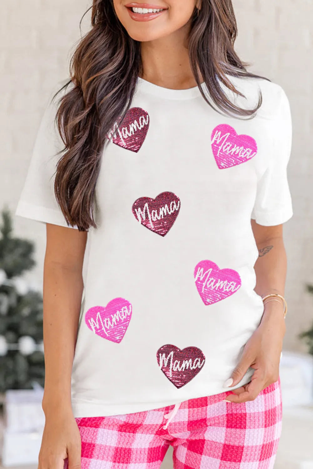 MAMA Heart Shape Sequin Patched Crew Neck T Shirt 43d32d59-fc6d-4e10-841c-9654de06a811-Max-Origin
