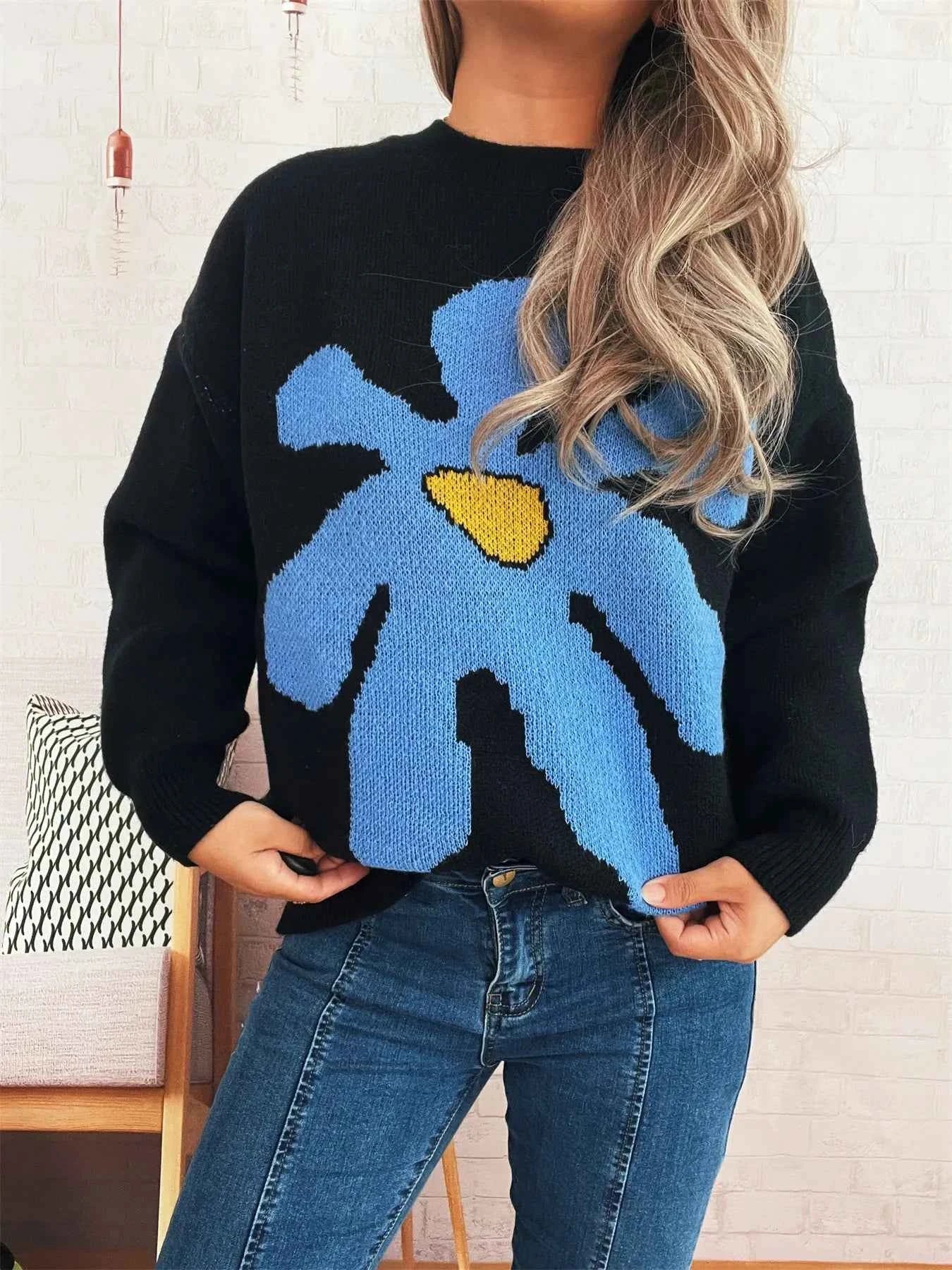 Flower Dropped Shoulder Sweater 43d39f20e09f47999970dd866b2926db-Max-Origin