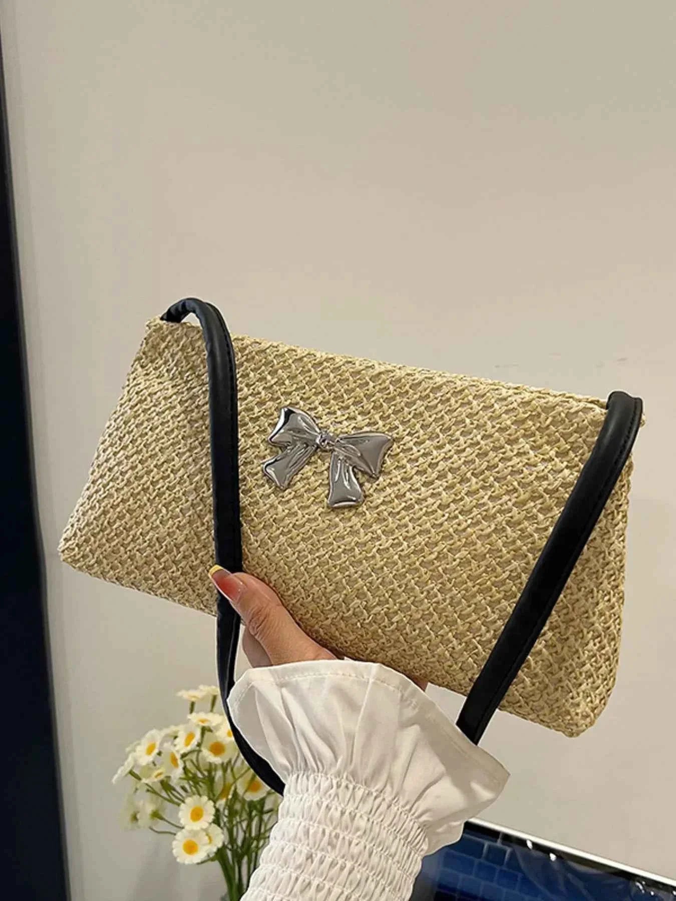 Woven Straw Shoulder Bag with Bow Detail Black One Size 43da99459e5443b0ab77883160393399-Max-Origin