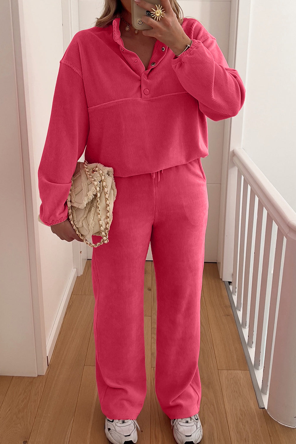 Peach Blossom Half Button Pullover Drawstring Pants Corduroy Set 43df5ad2ff2e761a