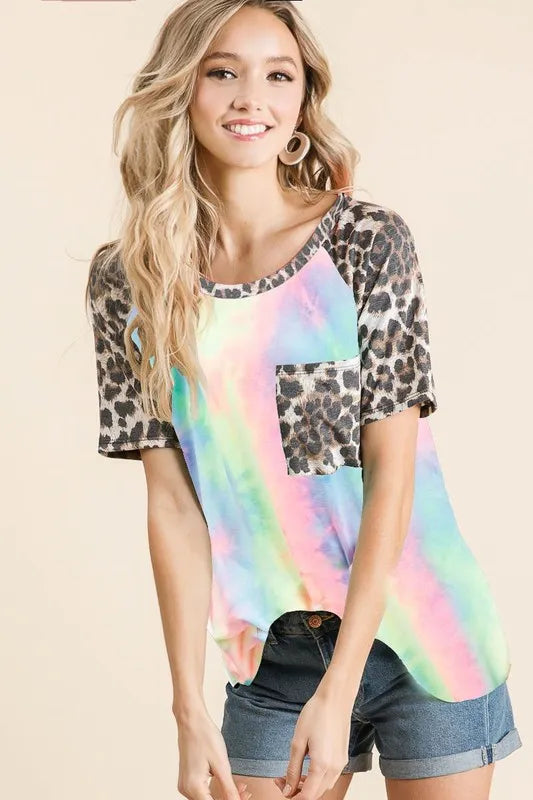 Tie Dye Knit Top with Leopard Raglan Sleeves 43e455525b3f41e1b48aa64a5a16da33-Max-Origin