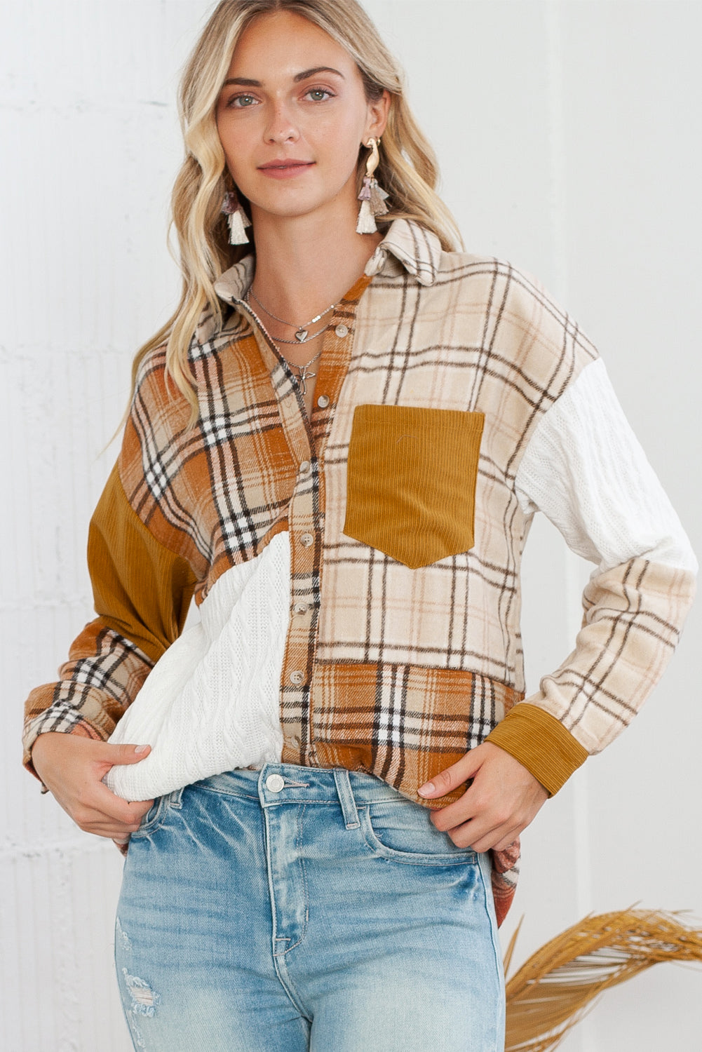 Orange Plaid Color Block Patchwork Pocket Shirt Shacket 43e4bc625f1d731d