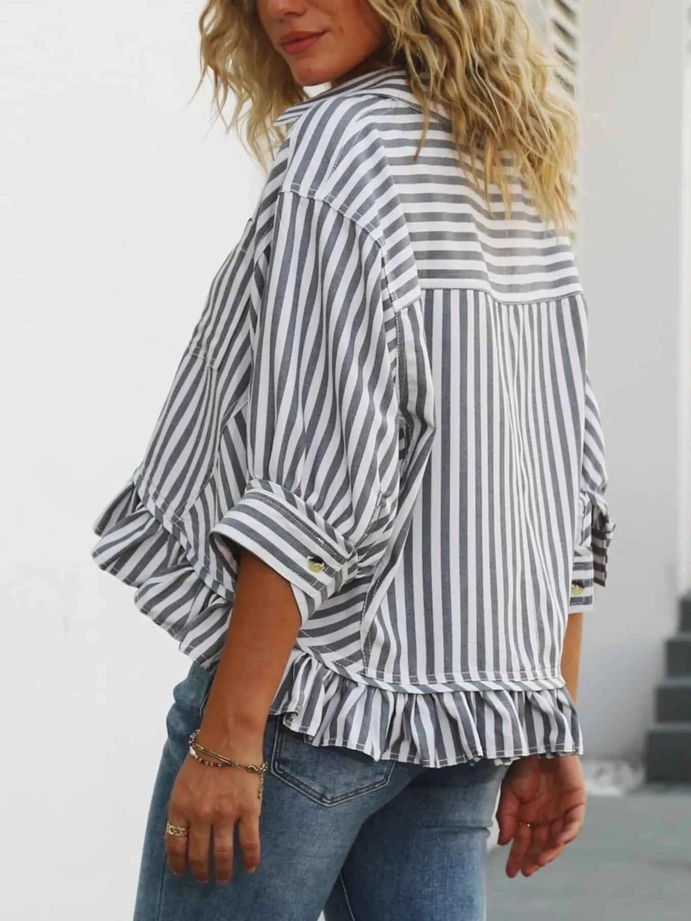 Striped Ruffle Hem Button-Up Shirt 43e5aac36ab3436383e3d572f9c71997-Max-Origin