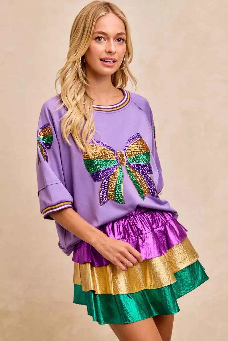 BiBi Mardi Gras Theme Ribbon Sequin Patched Top 43e7a7d68e714235ab229bad3f3503a5-Max-Origin