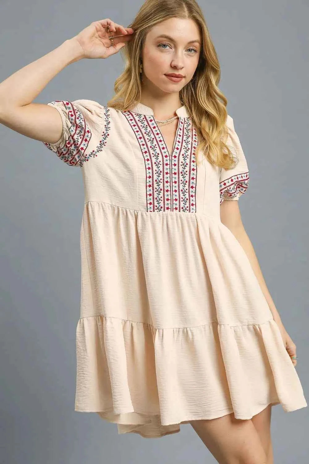 Floral Trim Puff Sleeve Mini Dress Tan 43e7dc9a-f8a2-4bbd-9ee6-279ffd198da4-Max-Origin