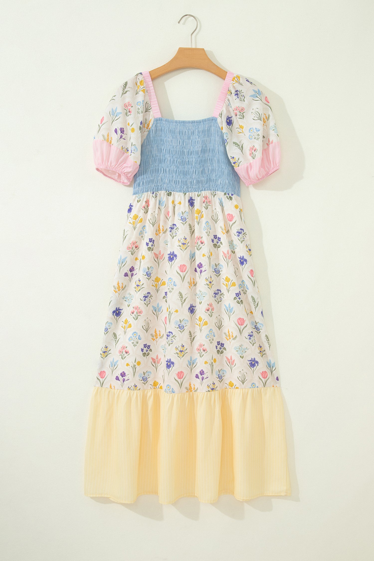 Multicolour Floral Print Striped Color Block Patchwork Square Neck Shirred Long Dress 43eddf2cb06c21b3