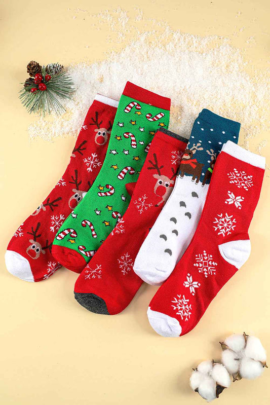 Fiery Red 5 Pairs Christmas Cartoon Elk Soft One Size Socks Set 43edeea8cc568d6f