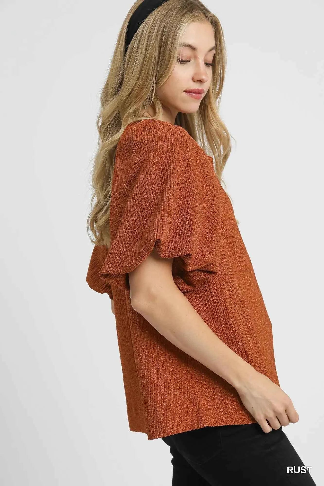 Umgee Textured Flutter Sleeve Notch Neck Top 43f6ca76-5c8e-4e5b-8f4a-e0bbbbf09a8f-Max-Origin