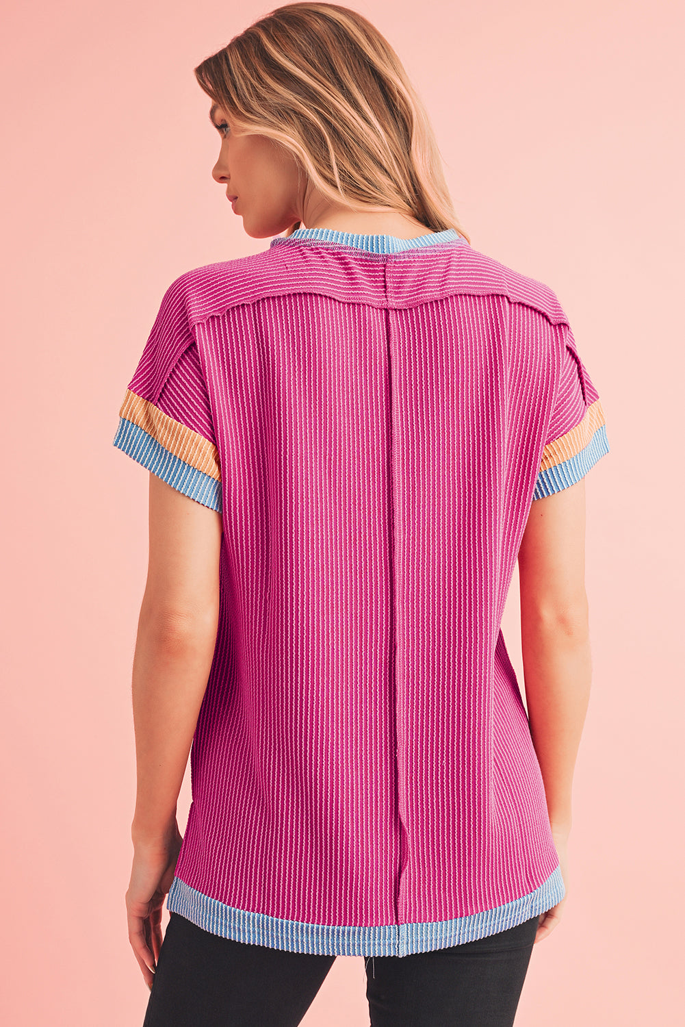 Rose Red Textured Colorblock Round Neck T Shirt 43fa710855399f71