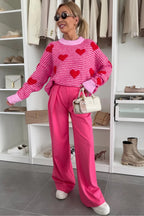 Rose Stripe Contrast Heart Pattern Valentine Knit Sweater 43fe55a6efb370a8
