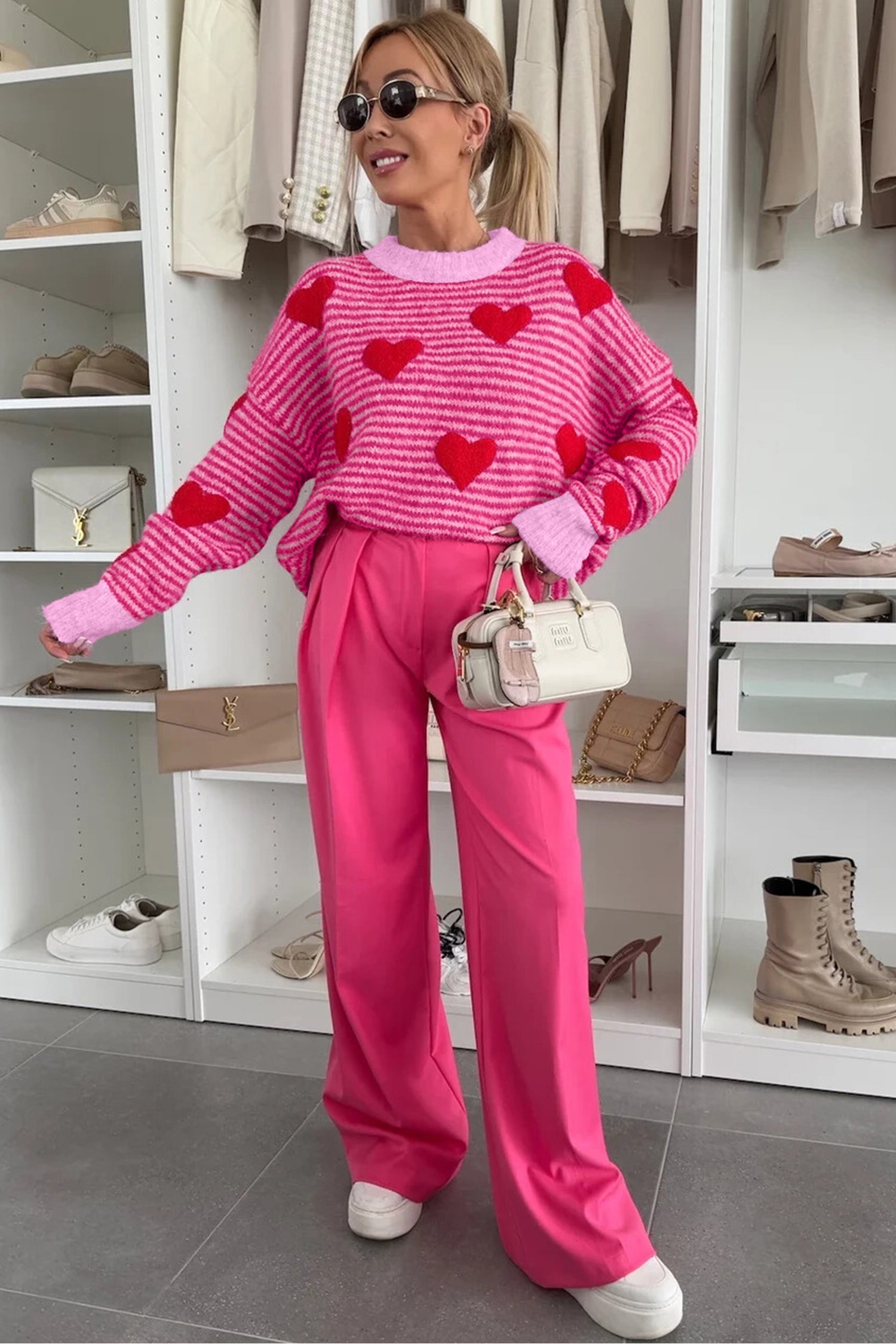 Rose Stripe Contrast Heart Pattern Valentine Knit Sweater 43fe55a6efb370a8