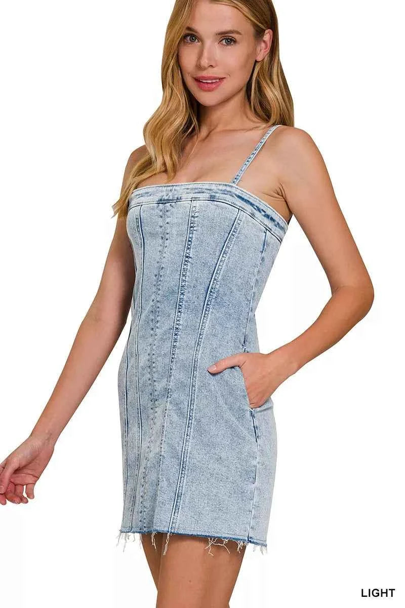 Zenana Spaghetti Strap Exposed Seam Light-Wash Dress 43fe5ddedce242bda302c1ba59635644-Max-Origin