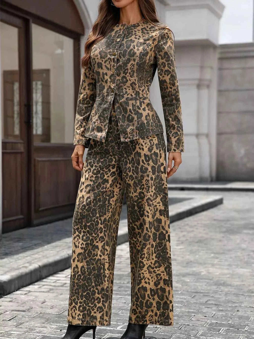 Button Up Long Sleeve Top and Jeans Denim Set Leopard 43ffc346012a4e4bad331f1964deb49e-Max-Origin