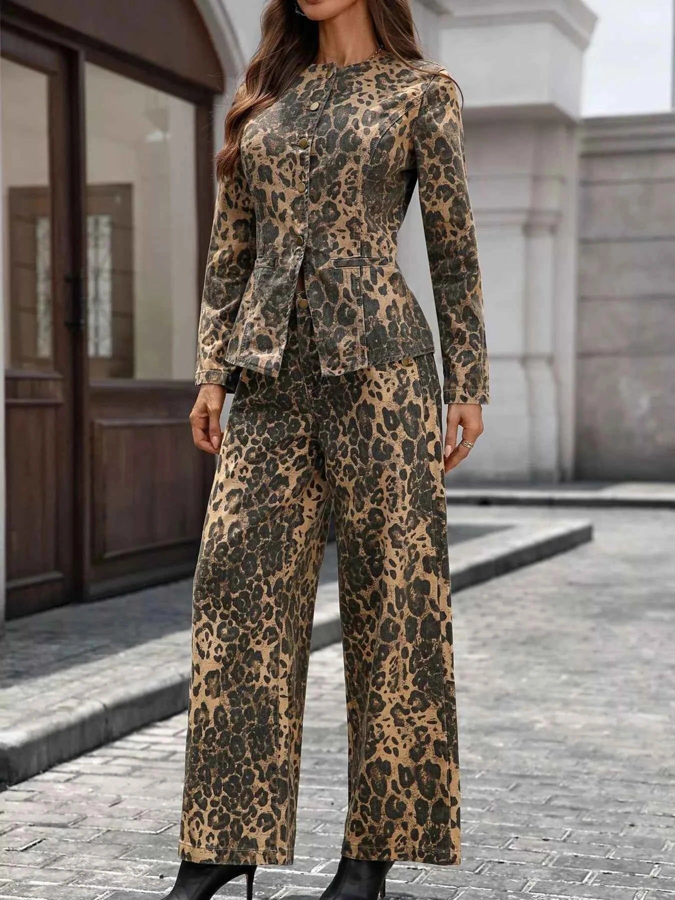 Button Up Long Sleeve Top and Jeans Denim Set Leopard 43ffc346012a4e4bad331f1964deb49e-Max-Origin