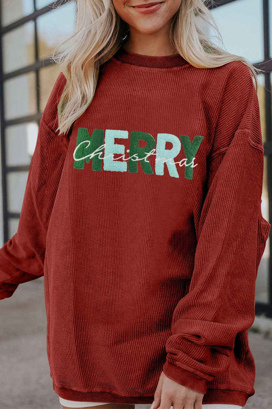Racing Red Corded MERRY Christmas Letter Terry Flocking Sweatshirt Racing Red 100%Polyester 4401669e3ad72ba8