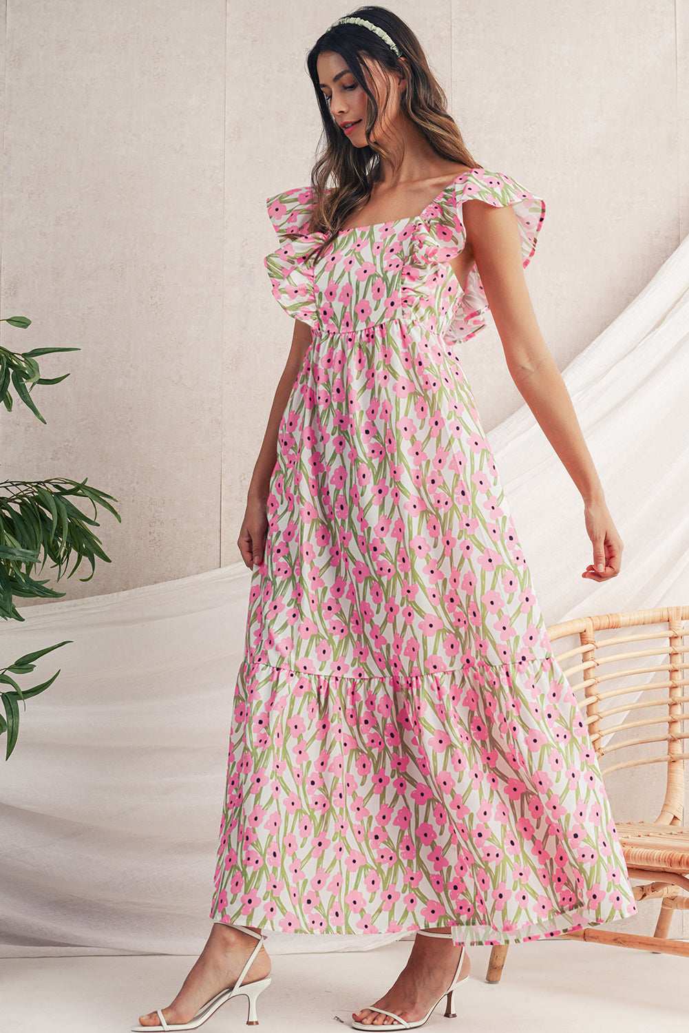 Blue Floral Print Square Neck Ruffled Strap Maxi Dress 4401e88814c0cacf-_11