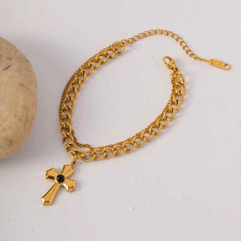 Stainless Steel Imitation Gemstone Cross Shape Pendant Bracelet 44032683-2cc2-4fc0-8f53-02df9d66fd6d-Max