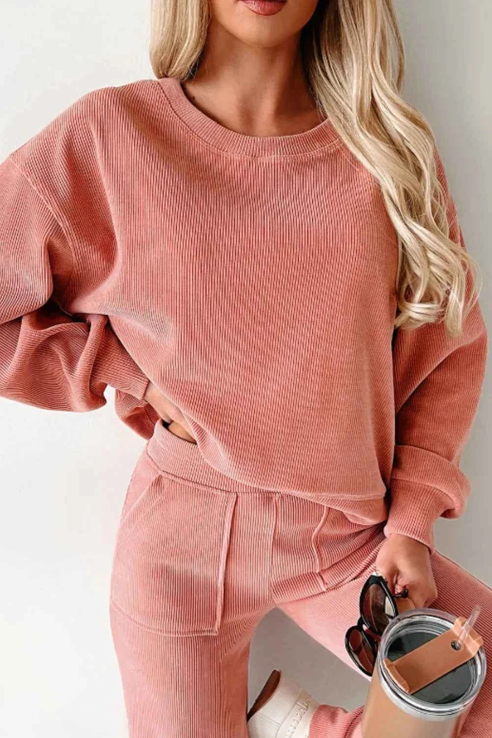 Round Neck Long Sleeve Top and Pants Set Pink 4414dd58-3ab3-4fe7-983f-726a4da09cd3-Max