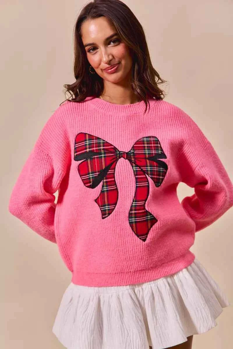 SO ME Checker Plaid Ribbon Christmas Holiday Sweater 4419e696cbc24ee5bd73b62f8d671180-Max-Origin