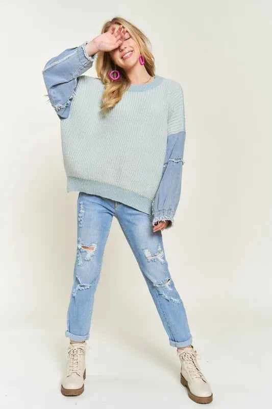 ADORA Plus Size Frayed Denim Sleeve Sweater Top 4422af49f20f49fba40a4619a7fd530a-Max-Origin