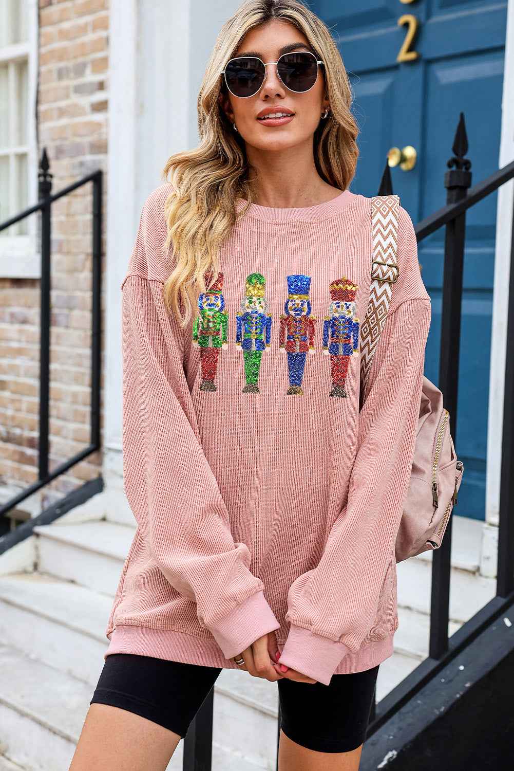 Gray Christmas Nutcracker Graphic Sequins Patch Corded Baggy Sweatshirt 442595e67fbec96b