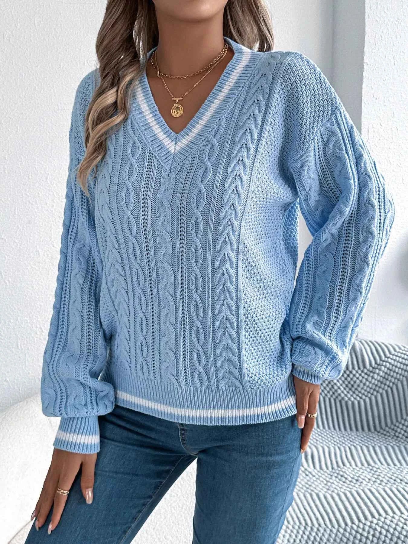 Cable Knit V-Neck Long Sleeve Sweater 442a4380b7494250a6bb9f6e0716d67f-Max-Origin