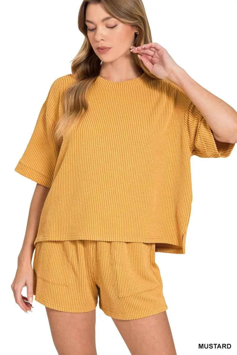 Zenana Raised Rib Short Sleeve Tee and Drawstring Shorts Set MUSTARD 442ebdc3fc1a405fa73ca70c65fecccd-Max-Origin