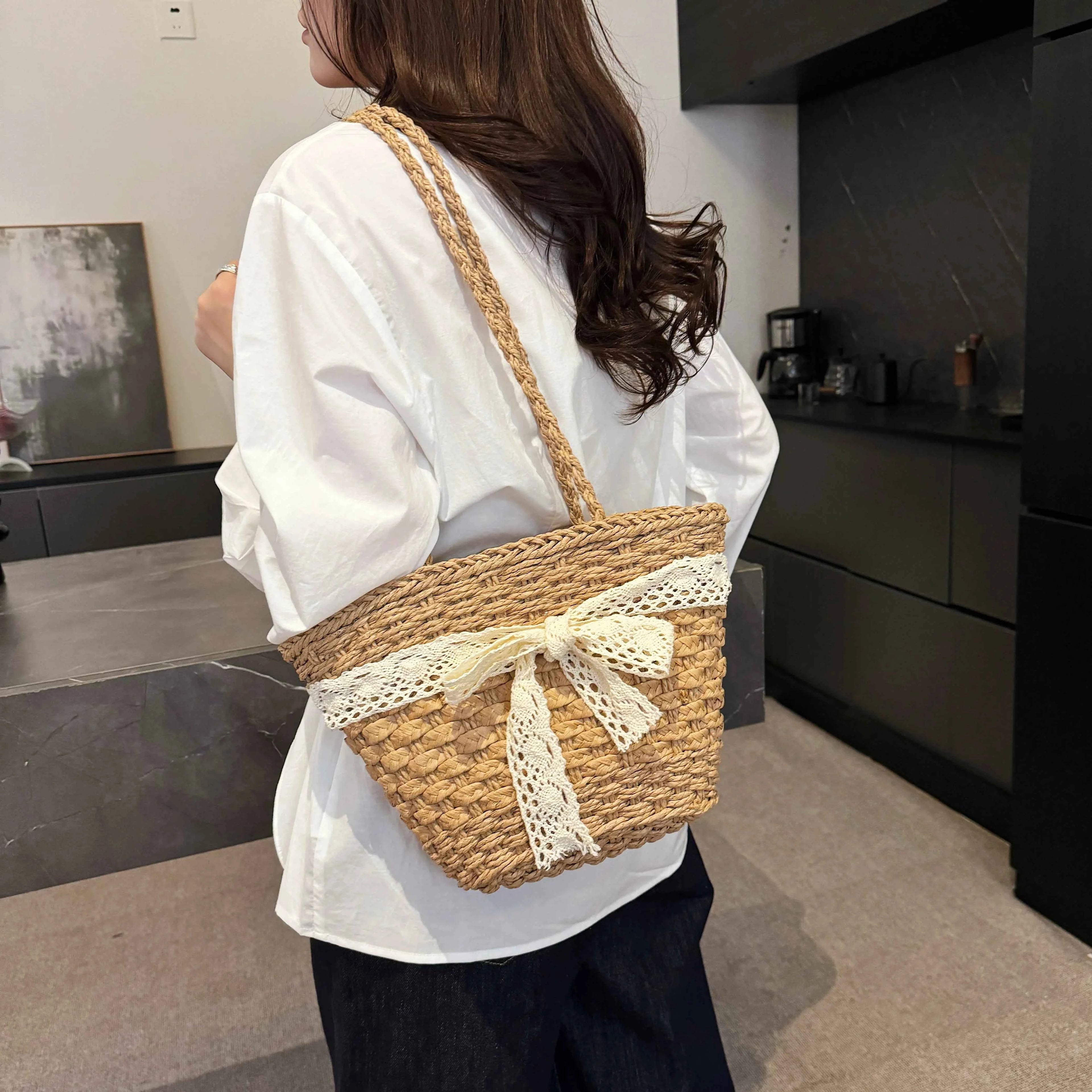 Drawstring Woven Straw Handbag Khaki onesize 442f81c4beb74a98b996213002801042-Max-Origin
