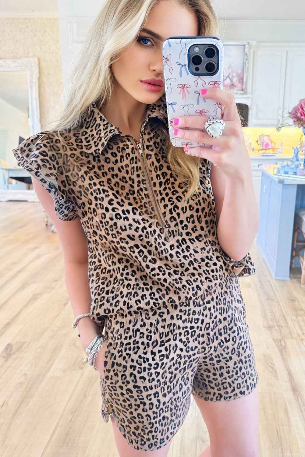 Brown Leopard Half Zipper Collared Ruffle Sleeve Top and Shorts Set 442f99812b961af5