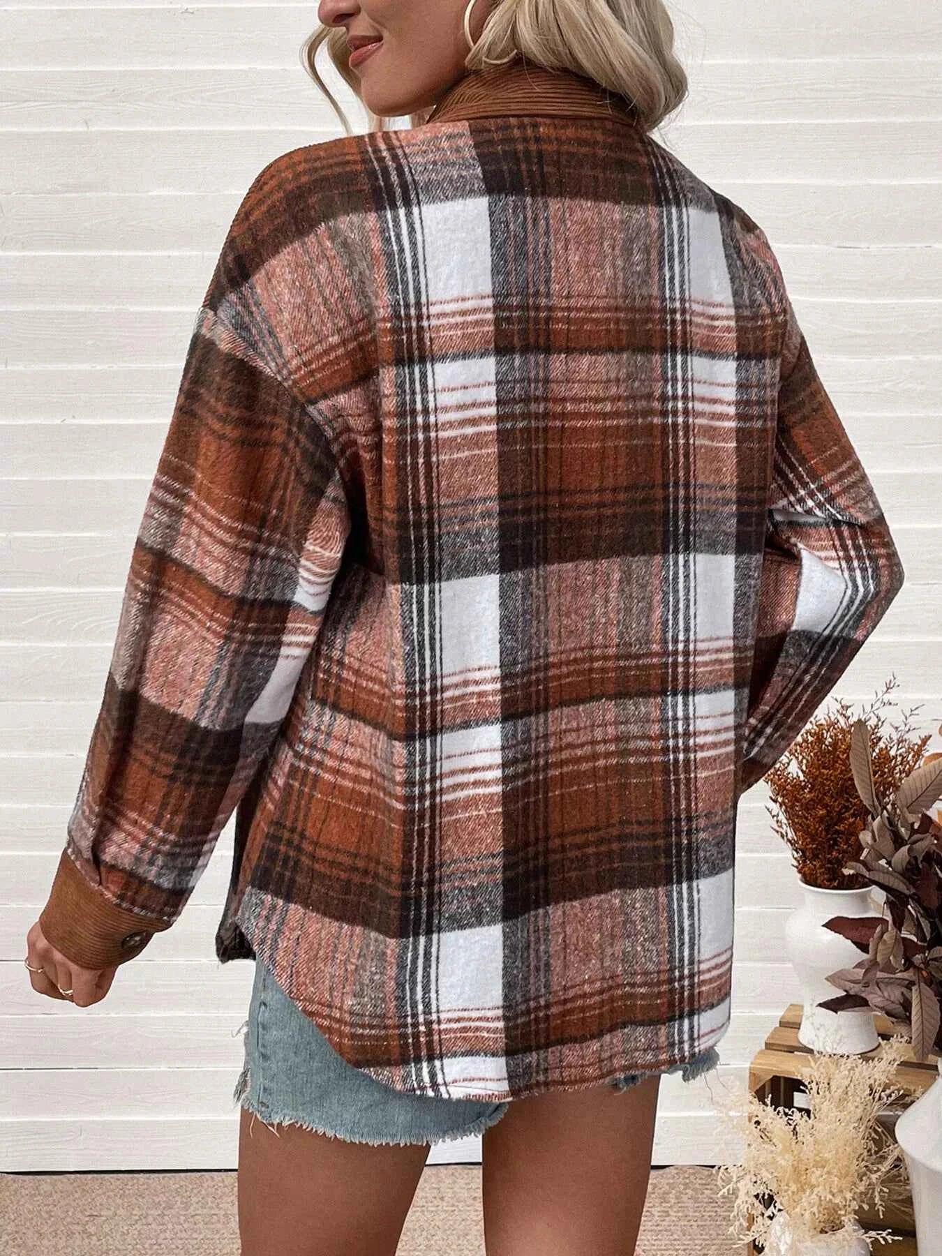 Plaid Button-Up Shacket with Chest Pockets 44306f716263449fab3513834f19259f-Max-Origin