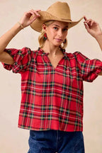 BiBi Christmas Plaid Short Sleeves Ruffled Blouse 443380e93d144c269b516e2f8ba307e2-Max-Origin